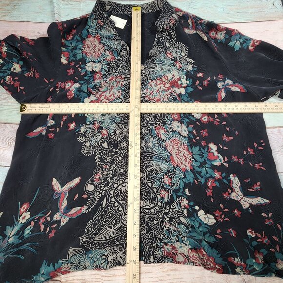 Citron Santa Monica Womens 2X Black Floral Silk Tunic Top With Ornate Button Det - Picture 7 of 9